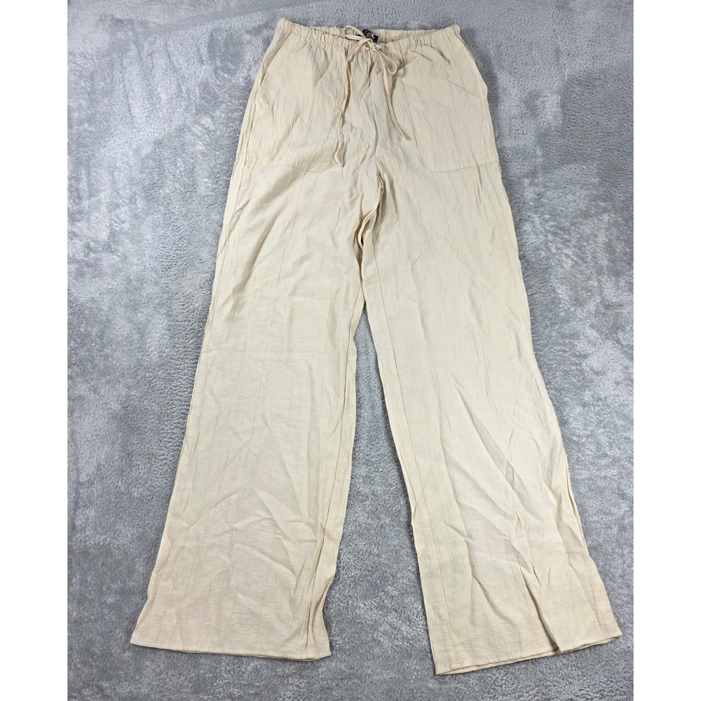Zara Textured Drawstring Wide Leg Crinkle Pants Cream XS Boho Coastal Beachy